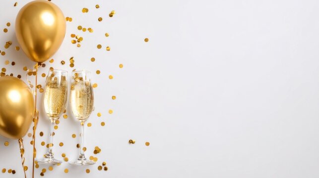 Celebration scene featuring two champagne flutes, a golden balloon, and confetti on a white background, perfect for festive occasions.