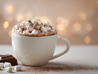 Cozy Close Up of Creamy Hot Chocolate Mug with Marshmallows and Chocolate Bar on Soft Background