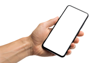 Photorealistic hand, holding a modern smartphone with a blank black screen, cutout, PNG isolated on transparent background
