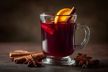 Cozy Mug of Mulled Wine with Cinnamon and Orange Slice on Wooden Table in Warm Setting