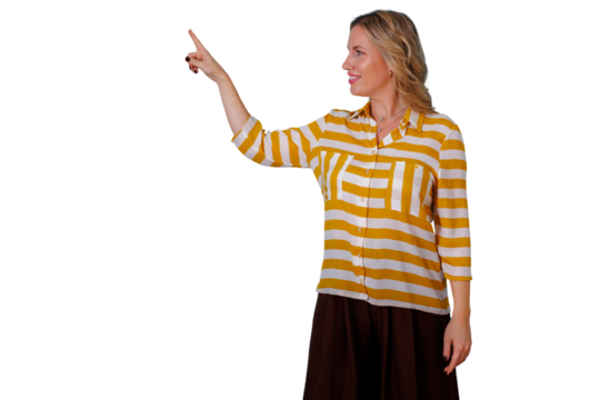 Woman smiling and pointing finger up, demonstrating product or information, concept of selection and choosing, transparent background - Powered by Adobe