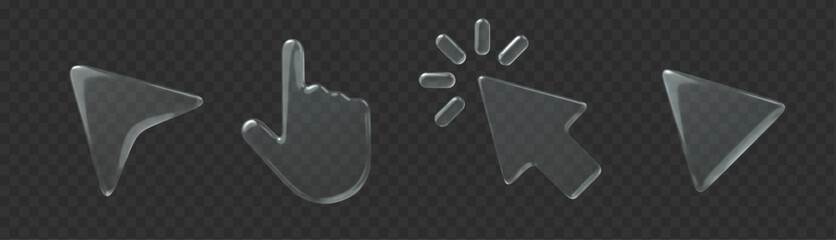 3d glass icon cursor set on dark transparent background. Arrow shape vector element.