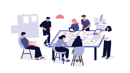 Dynamic illustration depicting diverse individuals actively engaged in collaborative teamwork brainstorming ideas and problem solving in a modern creative workspace environment