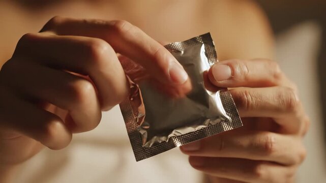 Hand holding condom package for safe sex and sexual health