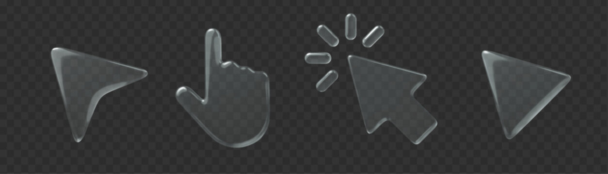 3d glass icon cursor set on dark transparent background. Arrow shape vector element.