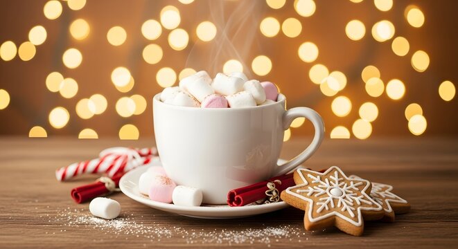 A festive cup of hot chocolate with marshmallows, gingerbread cookies, and candy canes on a wooden table with bokeh lights. - Powered by Adobe