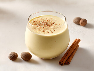 Creamy Eggnog in a Bright Studio Setting with Cinnamon and Nutmeg Accents