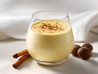 Creamy Eggnog in a Clear Glass on a Bright Studio Background with Spices and Nuts for Holiday Celebrations