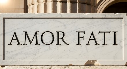 Close-up of a marble plaque engraved with the Latin phrase 'Amor Fati' mounted on a stone building facade, symbolizing the philosophy of embracing one's fate and life experiences