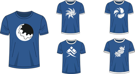 Illustration of six blue t shirts with different white designs