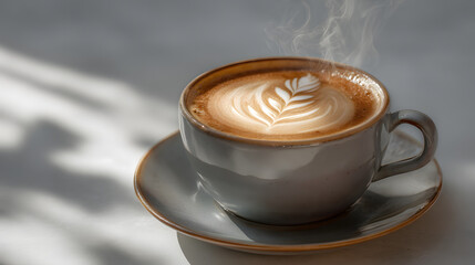 Ultra Realistic Breakfast Photograph of Steaming Coffee with Latte Art in Elegant Cafe Setting