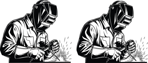 Two identical welders working with sparks in a monochrome art