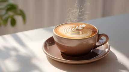 Ultra Realistic Breakfast Coffee Captured in a Cozy Café Setting with Beautiful Latte Art and Steam