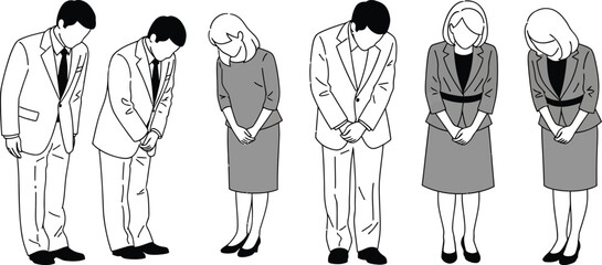 Illustration of people bowing in business attire grayscale image