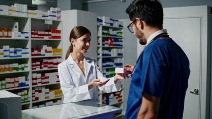 Pharmacy assistant interacts with customers while managing medication and inventory in a busy pharmacy setting