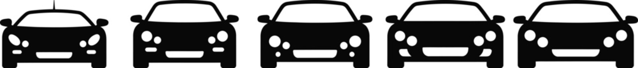 Five car silhouettes in a row facing front on white background