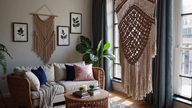Cozy living room design featuring macrame wall art and lush greenery in a bright, inviting space