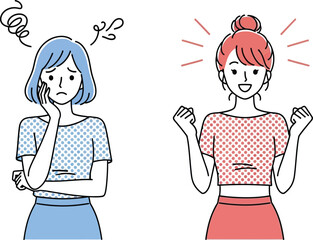 Woman showing before and after results with different emotions