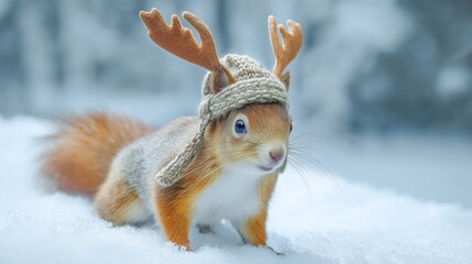 Christmas winter holiday , funny wildlife animals - Cute red squirrel with knitted hat and antlers in snow