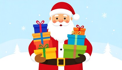 Animated Santa Claus smiles, holding colorful presents with wintery snowy background and stylized fir trees