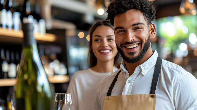 A salesperson in a wine shop advises a customer on choosing a wine, with shelves of wine in the background - Powered by Adobe