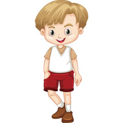 Blond Haired Boy Wearing A White V-neck Shirt And Red Shorts With Brown Shoes Standing On A Transparent Background