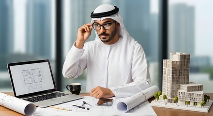 A professional male architect wearing traditional Middle Eastern attire working on architectural plans at a modern office desk with scale models and a laptop