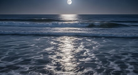 A serene ocean scene at night with the full moon reflecting on gentle waves under a clear sky
