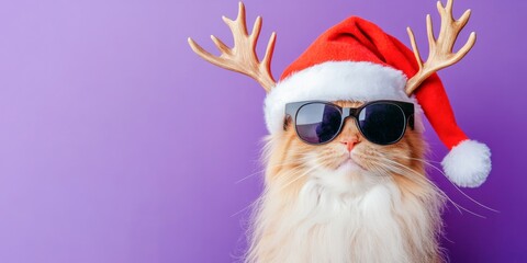 Merry Christmas concept holiday vacation winter greeting card - Cute santa claus cat with santa hat and reindeer antlers, isolated on purple background