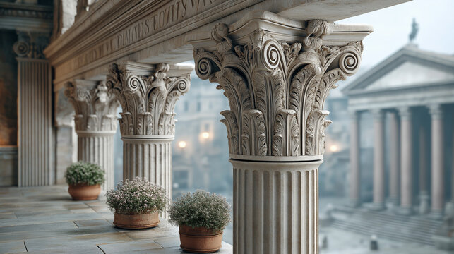 Ornate corinthian columns with ancient roman architecture background