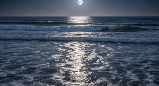A serene ocean scene at night with the full moon reflecting on gentle waves under a clear sky