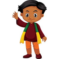 Cartoon child with dark hair and brown skin waving hello wearing a maroon shirt orange pants and a yellow green scarf against a transparent background