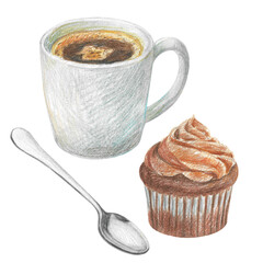 Hand drawn illustration with a cup of espresso, a cupcake and a spoon for graphic design. Isolated colored pencil illustration on white background. Coffee collection.
