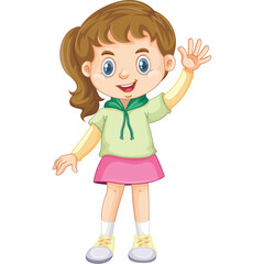 Cartoon illustration of a young girl with brown hair wearing a light green hoodie pink skirt and white sneakers waving hello on a transparent background