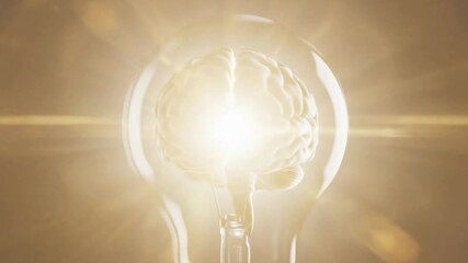 A glowing light bulb with a human brain inside surrounded by a digital binary code data stream - Powered by Adobe