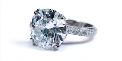 Macro photo of a diamond ring on white background, luxury product photography.