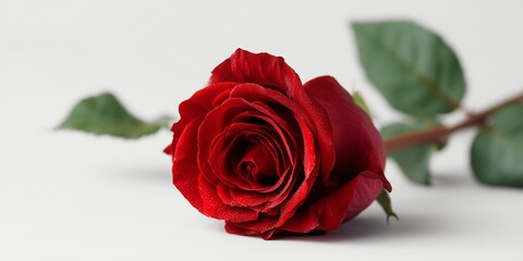 Realistic photo of a single red rose on a bright white background, romantic tone.