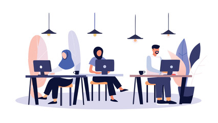 Digital illustration of a diverse team collaborating on a computer project showcasing unity and innovation in a modern workplace setting
