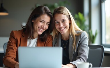 Two middle age business workers smiling happy and confident. Working together with smile on face using laptop at the office. High quality