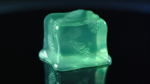 A single transparent green jelly cube, melting slightly on a reflective black surface, against a dark background
