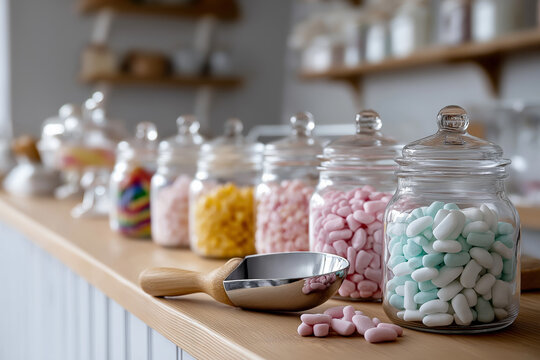 Colorful assorted candies in glass jars on wooden countertop