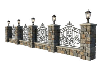 A decorative stone fence with ornate wrought iron gates and lanterns on top of stone pillars.