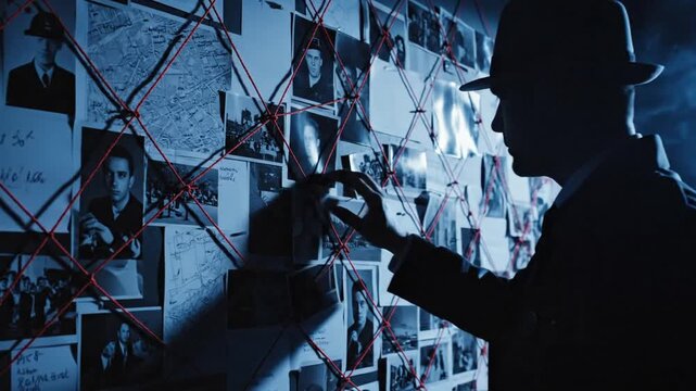 Shadowy Detective Silhouette Analyzing Evidence Board with Crime Scene Images and Red Thread Links, Dark Investigation Room Bathed in Moody Blue Lighting, Suspenseful Mystery and Forensic Inquiry Them