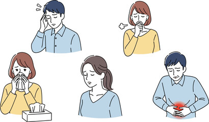 Illustration of people experiencing various health symptoms
