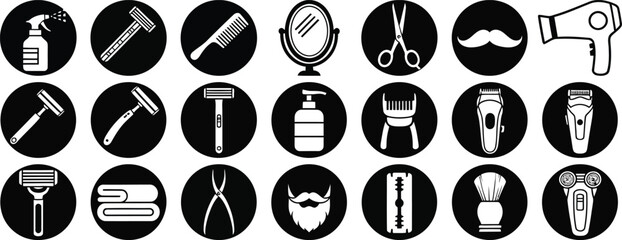 Collection of black and white barber shop related icons set