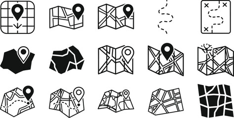 Collection of various map icons with different styles and shapes
