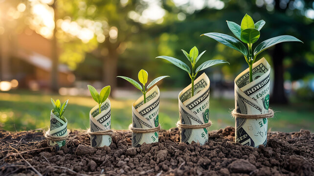 Money growing on plants in soil, symbolizing financial growth and investment
