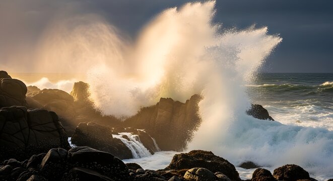 Powerful ocean waves crashing against rocky shoreline during a stormy day with dramatic sky and spray in the air