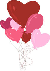 Cheerful vector illustration of a festive bouquet of assorted heart-shaped and round balloons in various shades of pink and red, bundled together for a romantic celebration.