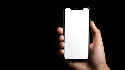A hand holding a blank smartphone against a black background, emphasizing the device's sleek design and modern technology.